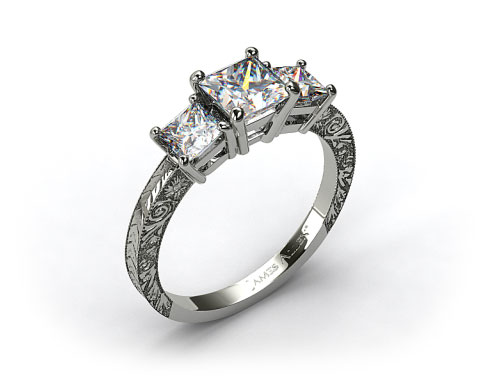 18kt White Gold Engraved Three Stone Princess Diamond Engagement Ring